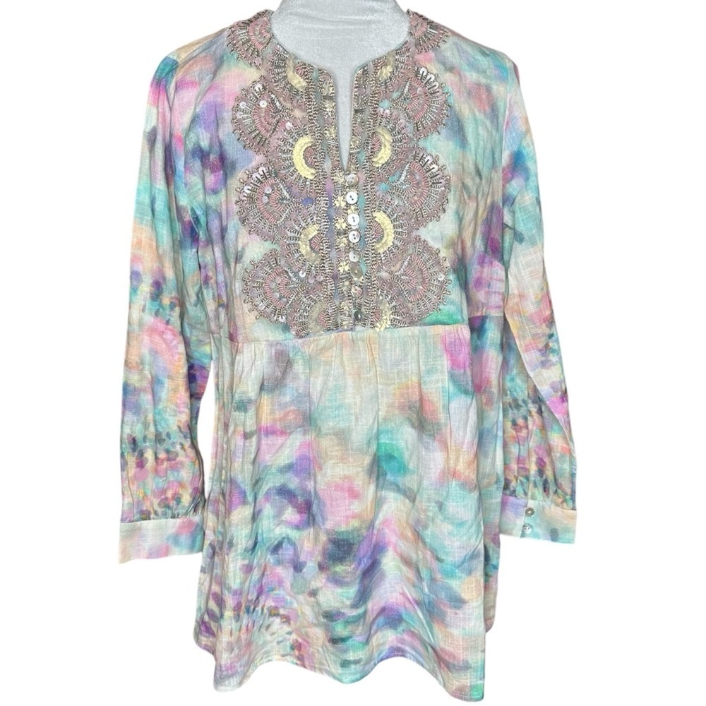 SOFT SURROUNDINGS Bazille Tie Dye Embroidered Tunic Top. Size PS
